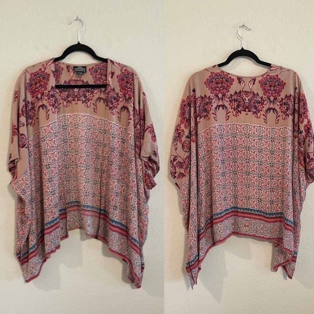 Angie Women Kimono Cardigan Large Pink Longline Floral Coastal Grandma Bohemian